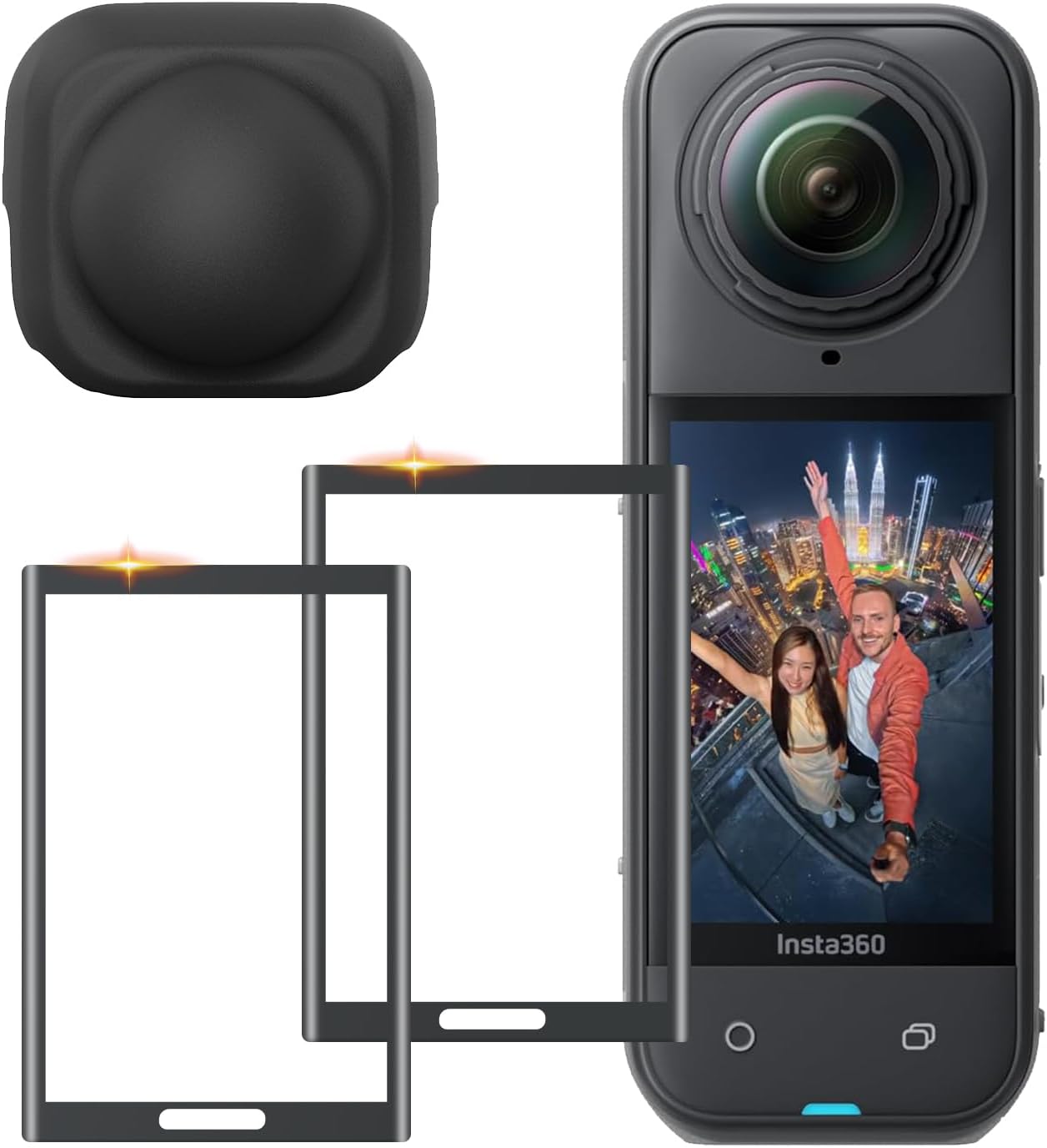 2 Pcs Screen Protector and Lens Cap for Insta360 X5, Insta360 X4/X5 Tempered Glass Screen Film + Silicone Lens Protective Cover, Protect against Dust and Scratches, Insta360 X5 Accessories