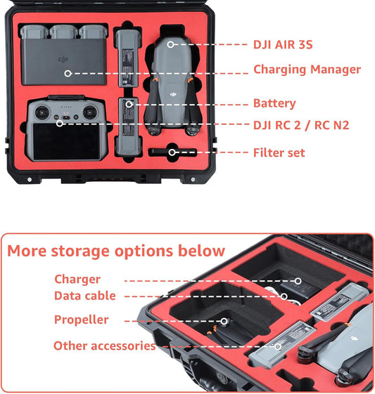 Waterproof Hard Case for DJI Air 3S Fly More Combo/Air 3 | Fits DJI RC2 / RC-N2 Remote Controller and Accessories | Up to 6 Batteries | Shockproof, Dustproof