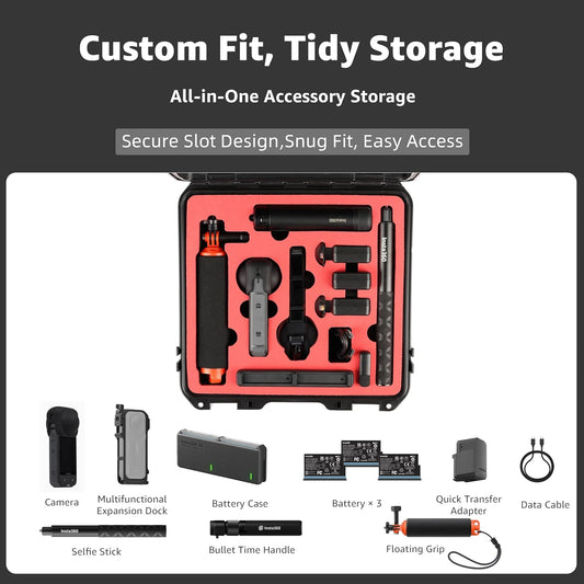 Waterproof Hard Case for Insta360 X5 Essentials Bundle/X4/X3 | Holds Up to 6 Batteries | Shockproof & Dustproof Protection | Fits Floating Hand Grip, Selfie Stick, Lens Guards & Accessories